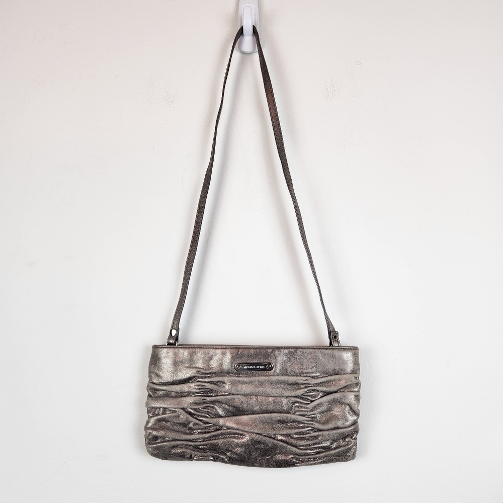 Michael Kors Gray Ruched Distressed Leather Envelope Cross Body Shoulder Bag